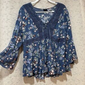 Torrid Indigo Floral Long Sleeve Blouse with Crochet and Lace Detail
